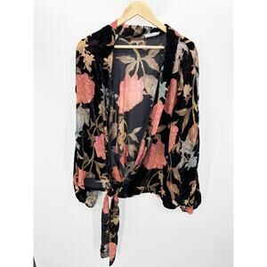 Blue Blush Womens Floral Velvet Tie Front Cardigan Size L Boho Feminine Dark